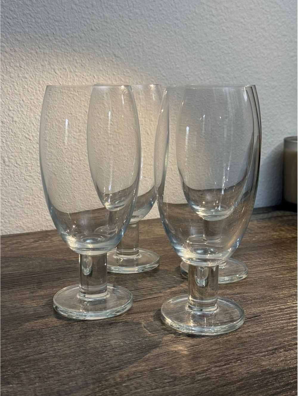 Set of 4 Clear Footed Pilsner Beer Glasses Short Stem 7” Tall Goblets
